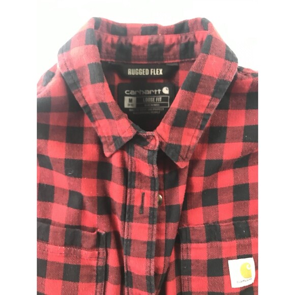 Carhartt Red Black Check Rugged Flex Loose Fit Flannel Button Up Shirt Medium - Picture 11 of 13